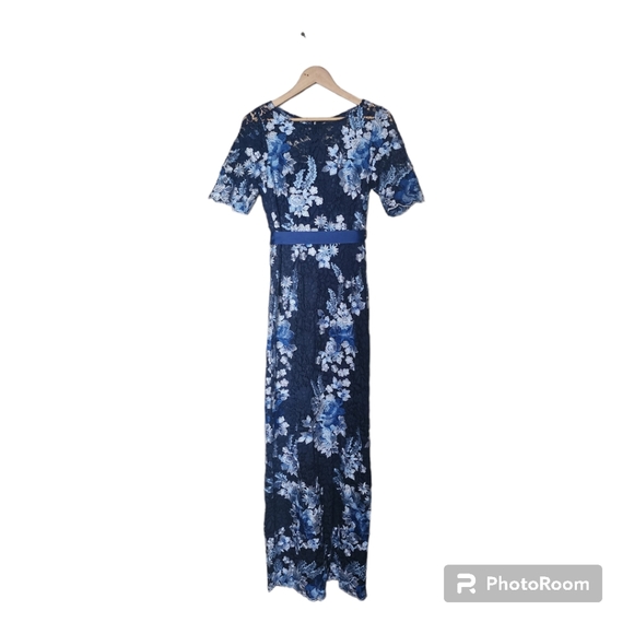 Adrianna Pappell Floral Embroidered Gown in Navy/Multi - Picture 4 of 6
